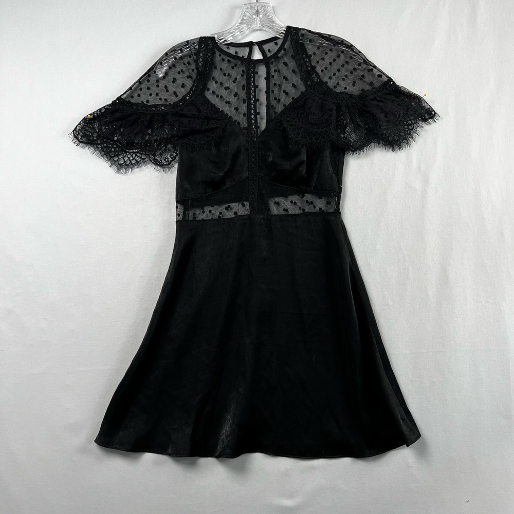 En Crème Dress Womens Small Black Fit Flare Mesh Polka Lace Whimsy goth Fairy